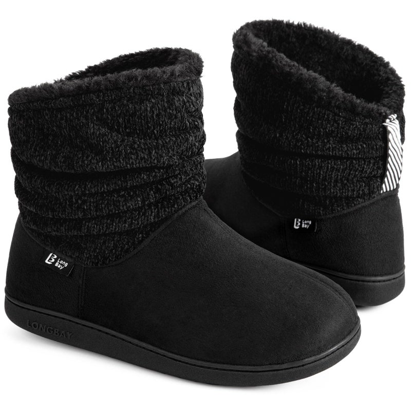 Longbay Women's Warm Chenille Knit Bootie Slippers Memory Foam Comfy Suede Fluffy Faux Fur Memory Foam Boots House Shoes (Medium / 7-8, Black) - Image 1